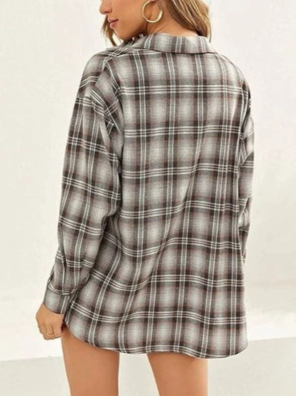 ZARA Autumn Winter Women Retro Gray Plaid Shirt Loose Long Sleeve Slimming Top